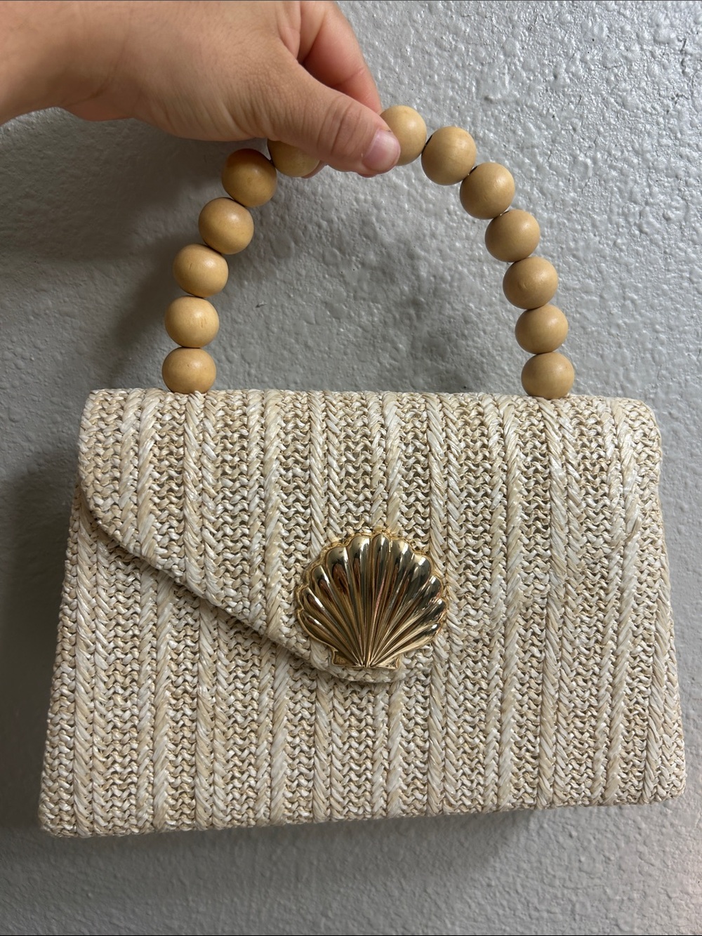 Woven Cream Mini Top-Handle Bag with Gold Shell Accent
